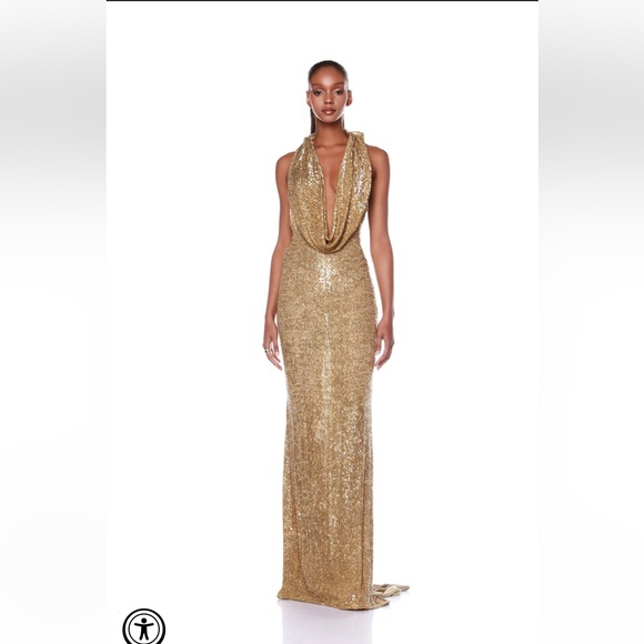 Bronx and Banco Gold Sequin Cowl Neck Gown
